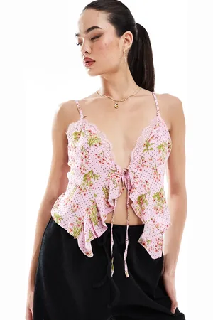 Y.A.S Cami frill detail top with tie front in spot print-Multi