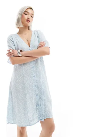 Monki Button through mini sun dress in blue flowers print