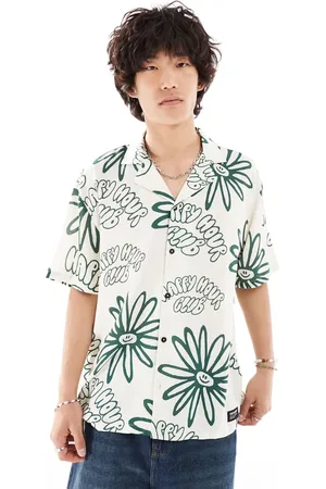 Dr Denim Madi short sleeve relaxed fit summer shirt in green resort print in ecru