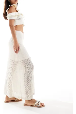 SELECTED Femme knitted crochet maxi skirt in beige-Neutral