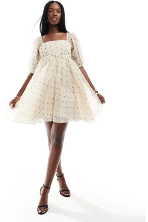 Lace & Beads Square neck babydoll organza mini dress in -Neutral