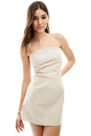 SNDYS Linen bandeau ruched detail mini dress in -Neutral