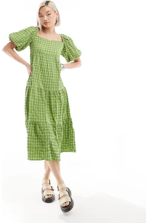 Monki Tiered midi sun dress with open back in green pane check