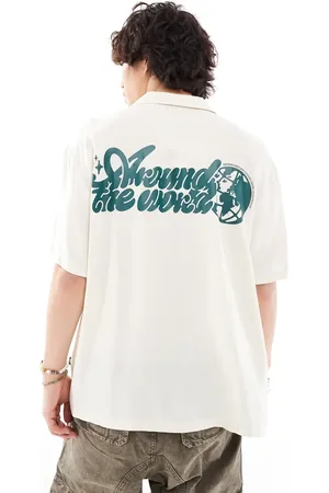 Dr Denim Madi short sleeve relaxed fit summer shirt with world back graphic print in exclusive to ASOS-White