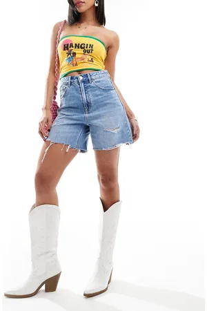 Stradivarius Denim dad shorts with rips in light wash