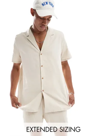 ASOS Relaxed deep revere linen shirt in -Neutral