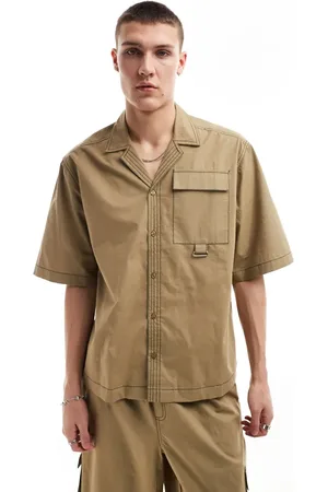 COLLUSION Ripstop boxy revere shirt with contrast stitch in (part of a set)-Black