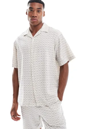 SELECTED Revere collar crinkle shirt with all over print in and navy-White