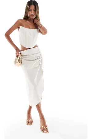 Missyempire Missy Empire linen blend ruched side midi skirt in (part of a set)-Neutral