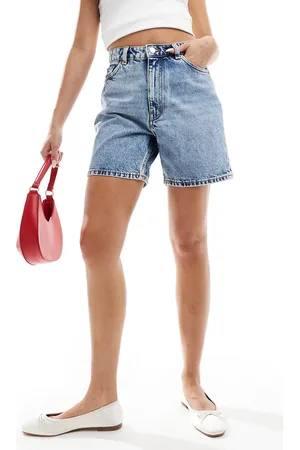 Monki Elfie regular fit denim shorts in midwash blue