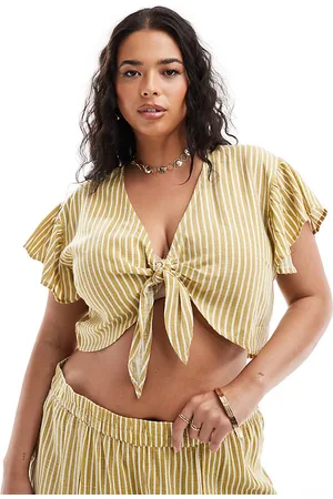 Noisy May Linen mix tie front top in yellow stripe (part of a set)