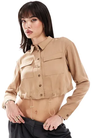 ASOS Soft crop shirt with drawstring in -Neutral