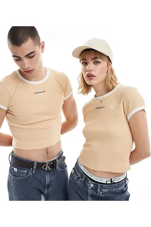 Calvin Klein Baby ringer tee in beige - ASOS Exclusive-Neutral