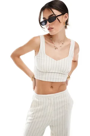ONLY Linen mix cropped top in stone pinstripe (part of a set)-Neutral
