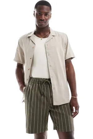 Only & Sons Pull on linen mix shorts in khaki stripe-Green