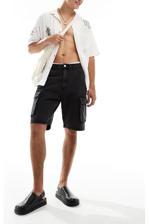 ADPT. Loose fit denim cargo shorts in washed black