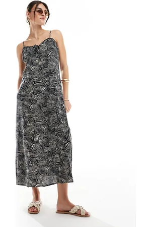 ONLY Midi strap dress in blue leaf print