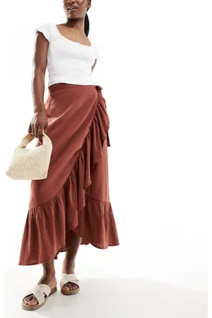New Look Wrap ruffle midi skirt in terracotta