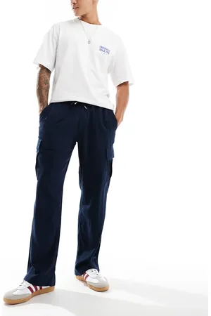 JACK & JONES Wide fit linen mix cargo pants in navy