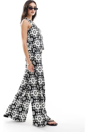 ONLY Tile print wide leg pants in black and white (part of a set)