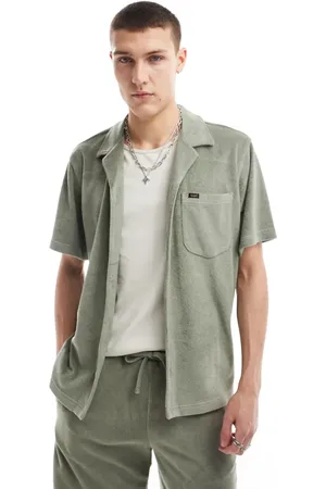 Lee Short sve revere collar terry shirt relaxed fit in washed olive green (part of a set)