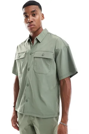 JACK & JONES Oversized nylon utility pocket shirt in khaki (part of a set)-Green