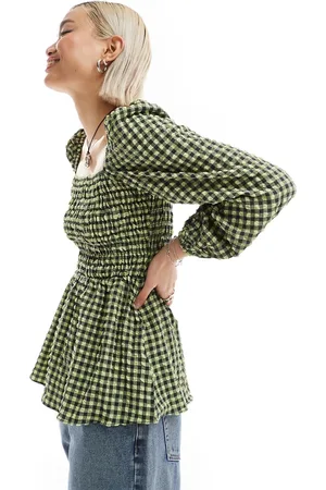 Glamorous Square neck volume sleeve shirred blouse in check-Multi