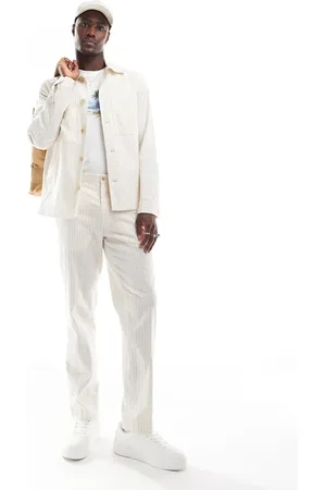 JACK & JONES Premium linen mix casual suit pants in ecru stripe-White