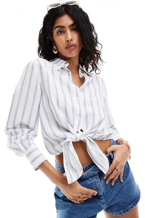& OTHER STORIES Linen look tie front shirt in blue and white stripes-Multi