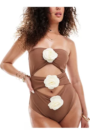 In The Style Exclusive bandeau cut out contrast corsage swimsuit in chocolate brown