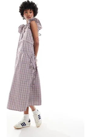 Reclaimed Maxi dress with asymmetric ruching in gingham-Multi