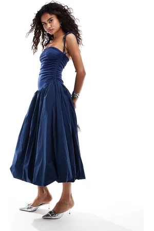 Amy Lynn Alexa shoulder tie puffball midi dress in -Blue
