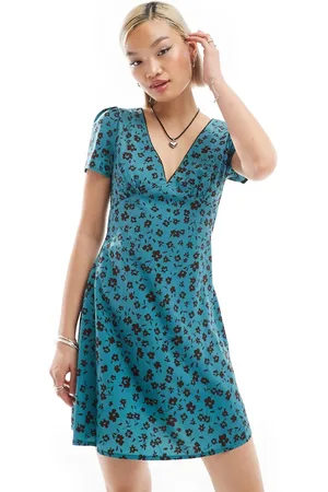 Glamorous V neck short sleeve mini tea dress in retro teal floral-Blue