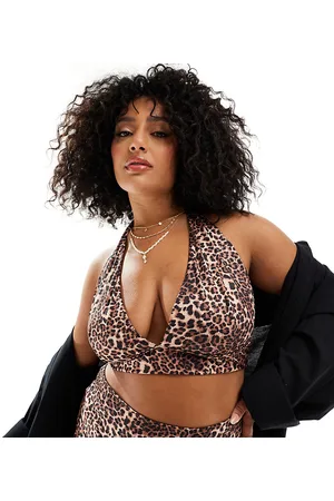 ASOS Curve Mindy high apex halter triangle bikini top in leopard-Multi