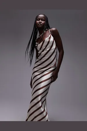 Topshop Cowl slip midi dress brown and ivory stripe-Pink