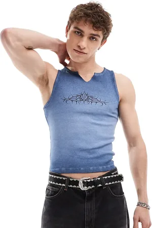 COLLUSION Ribbed muscle festival singlet in with wash and print