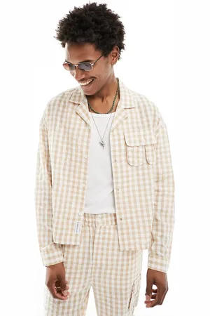 Native Youth Cropped oversized fit textured check shirt in light beige-Neutral