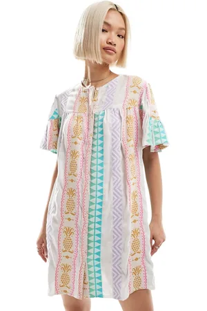 Native Youth Pineapple embroidered linen look smock dress in