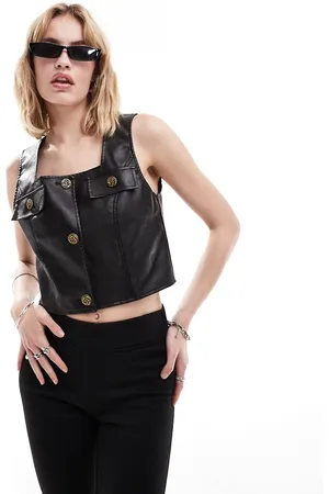Lioness Leather look square neck button through top in black