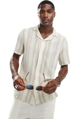 Hollister Short sleeve revere collar stripe crochet shirt in -White