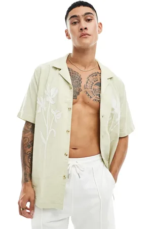 Cotton On Cotton On linen blend relaxed shirt with floral embroidery-Green