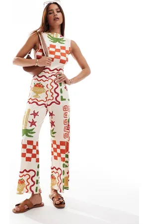 ASOS Slash neck culotte jumpsuit with open tie back in -Multi