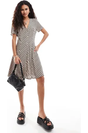 Monki Button through mini dress with v neck in -Multi