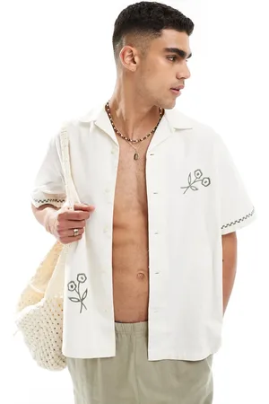 SELECTED Revere collar shirt with green floral print in -White