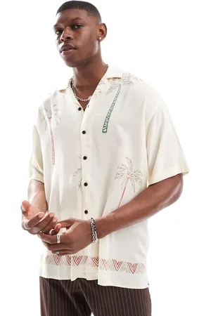 JACK & JONES Revere collar palm print shirt in white