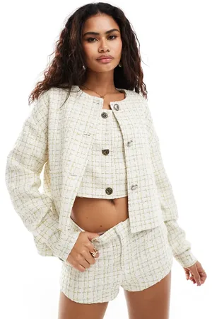 Lioness Boucle collarless jacket in cream (part of a set)-White