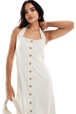 VERO MODA Button down linen touch halter midi dress in cream-White