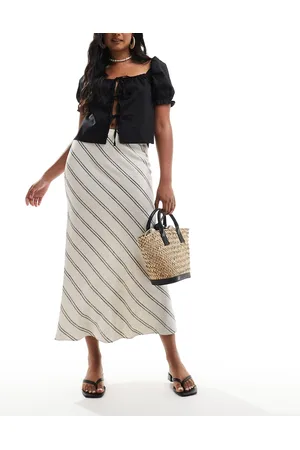 New Look Stripe bias midi skirt in -White