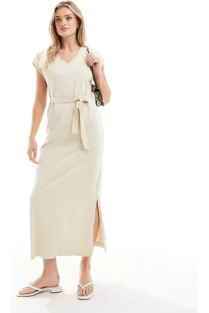SELECTED Femme v neck maxi jersey dress in beige-Neutral