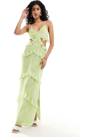 Pretty Lavish Exclusive to ASOS Rinna cut out maxi dress with frill detail in print-Green